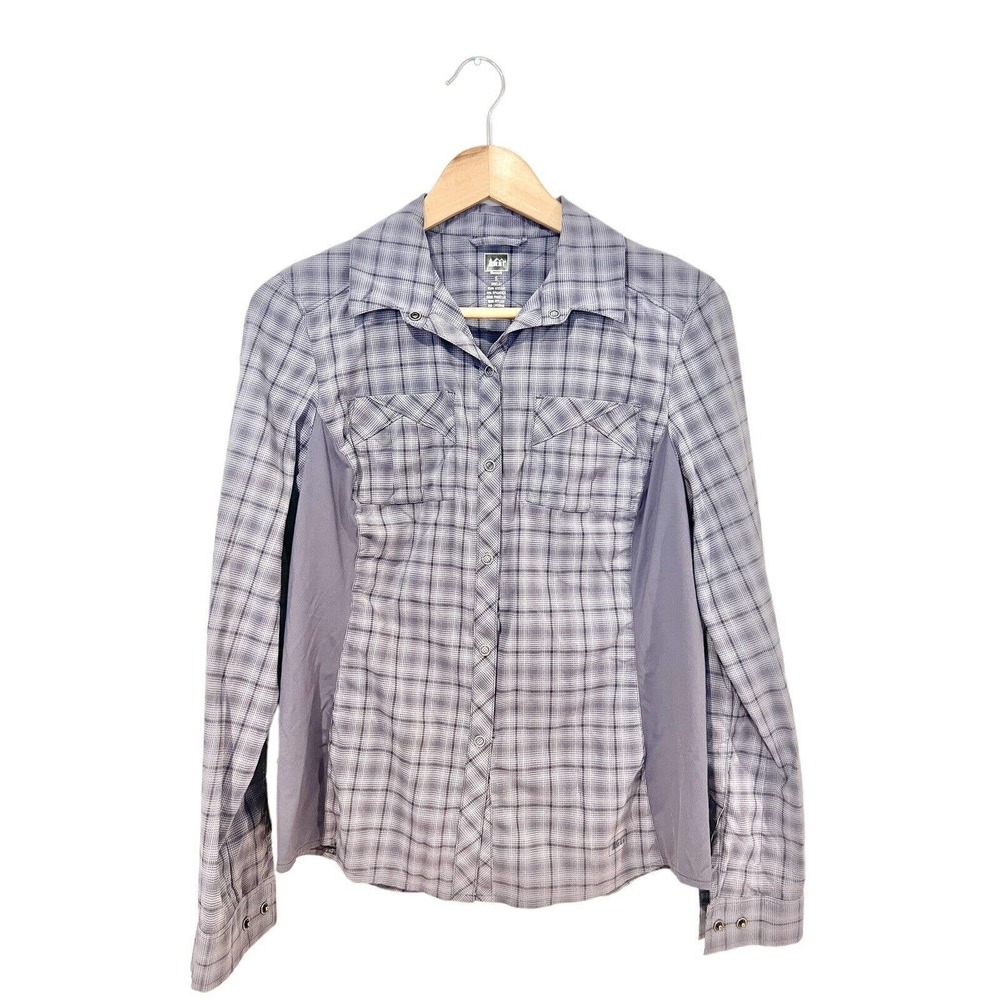 REI Womens Long Sleeve Top Snap Button Down Shirt Plaid Purple Size Small